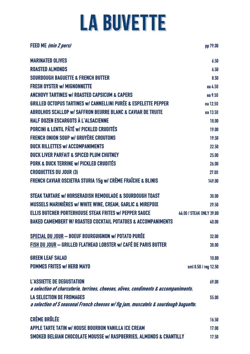 Menu, La Buvette