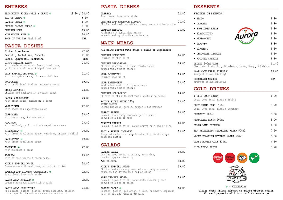 Menu, Uncle Leo's Pizzeria