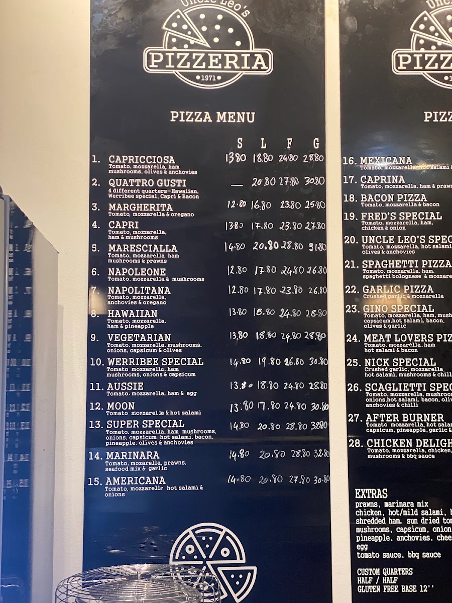 Menu, Uncle Leo's Pizzeria