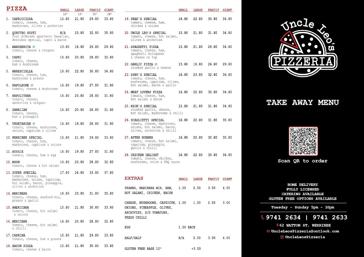 Menu, Uncle Leo's Pizzeria