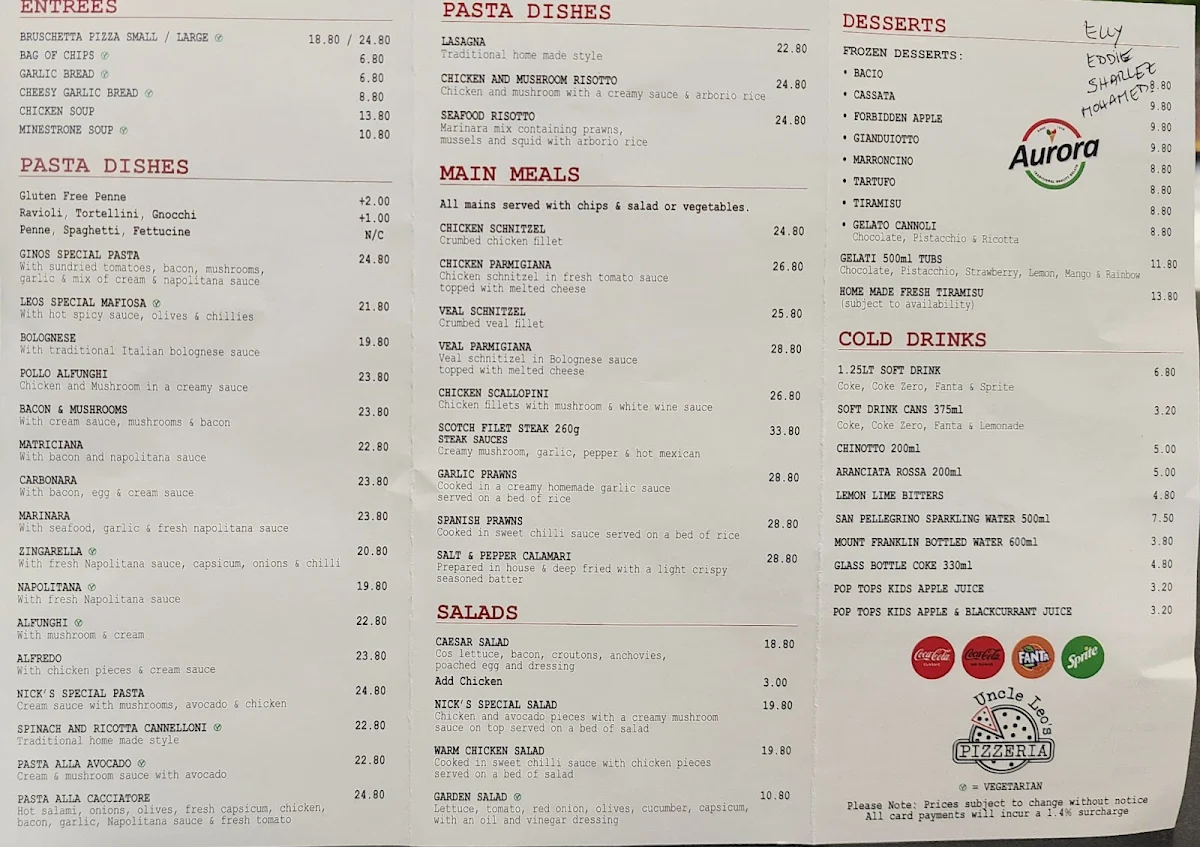 Menu, Uncle Leo's Pizzeria