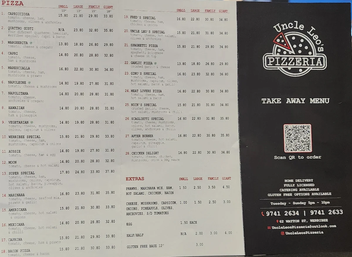 Menu, Uncle Leo's Pizzeria