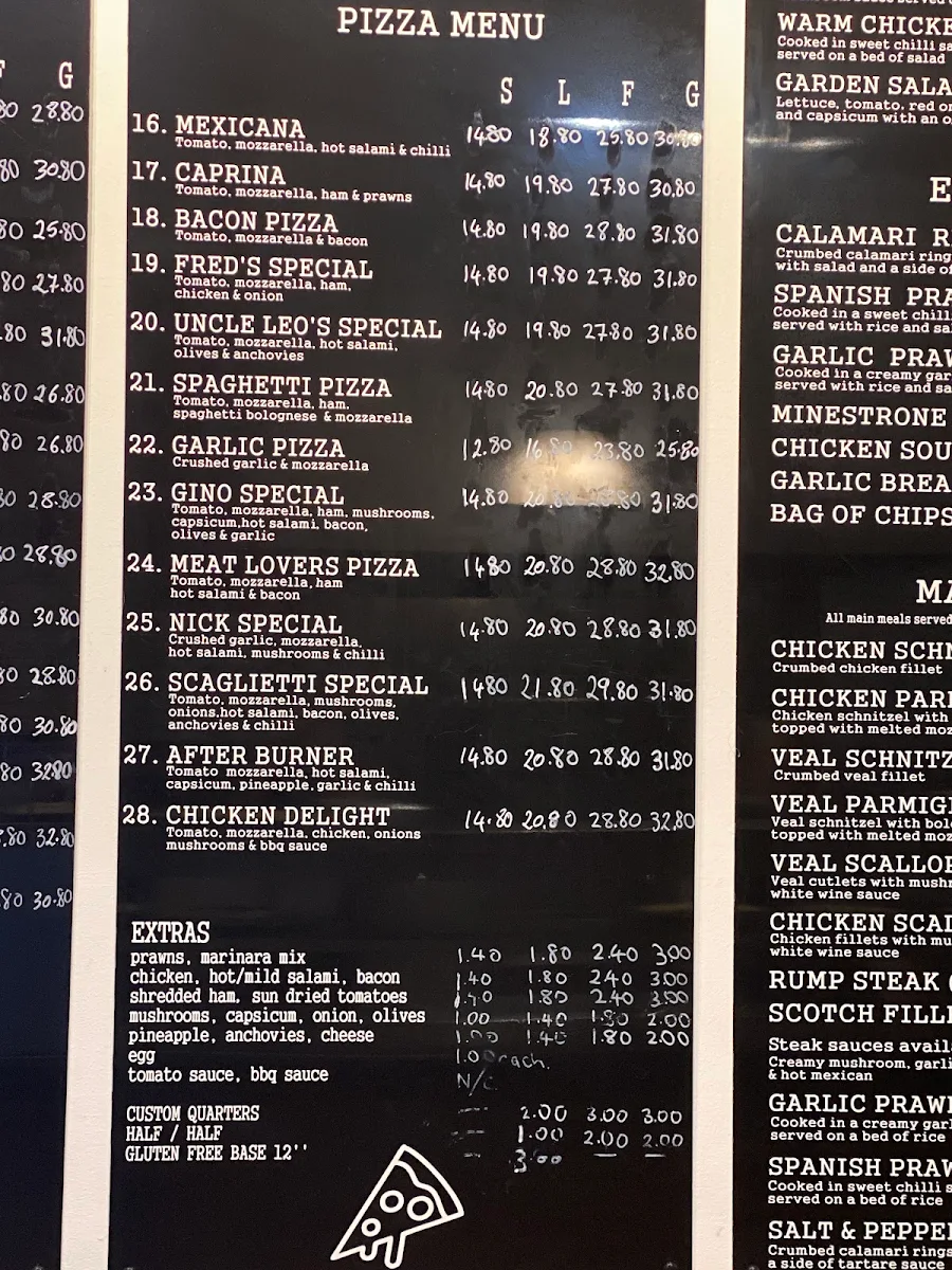 Menu, Uncle Leo's Pizzeria