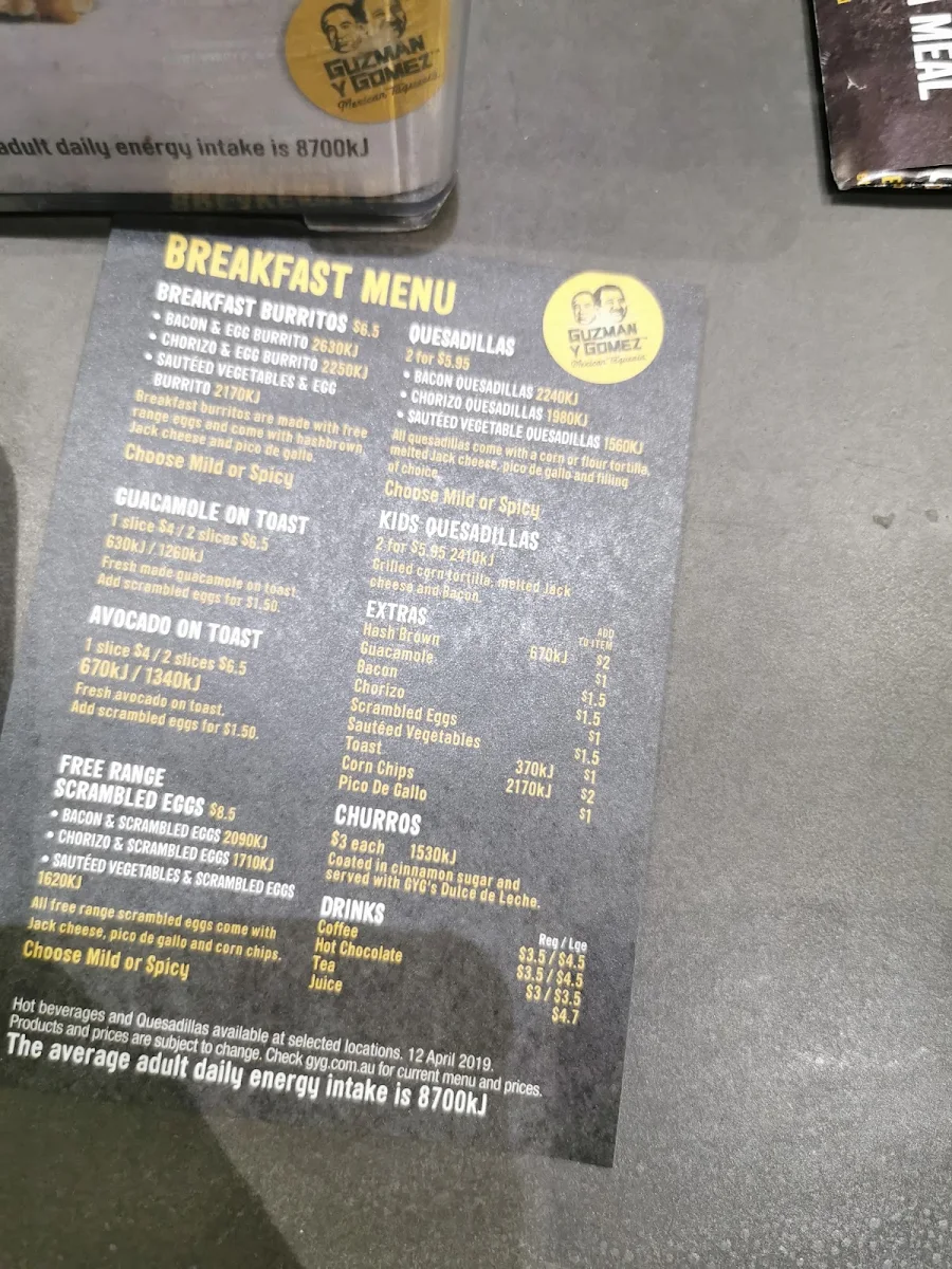 Menu, Guzman y Gomez - Parramatta Marsden St