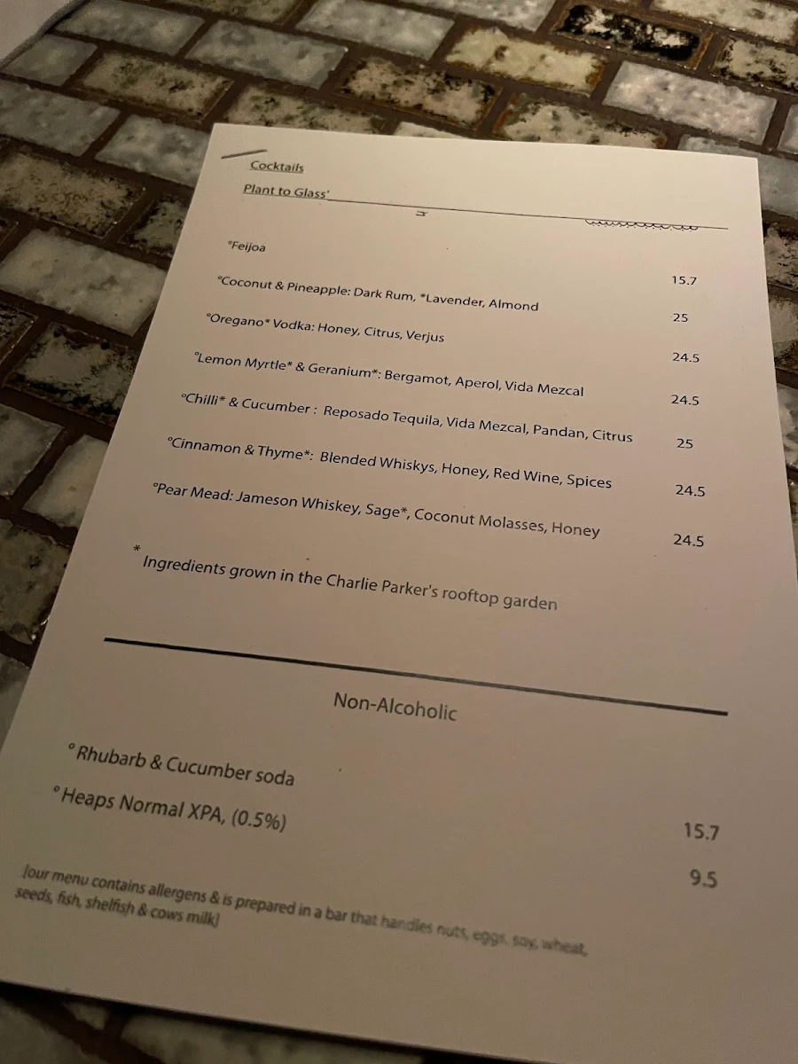 Menu, Charlie Parker's