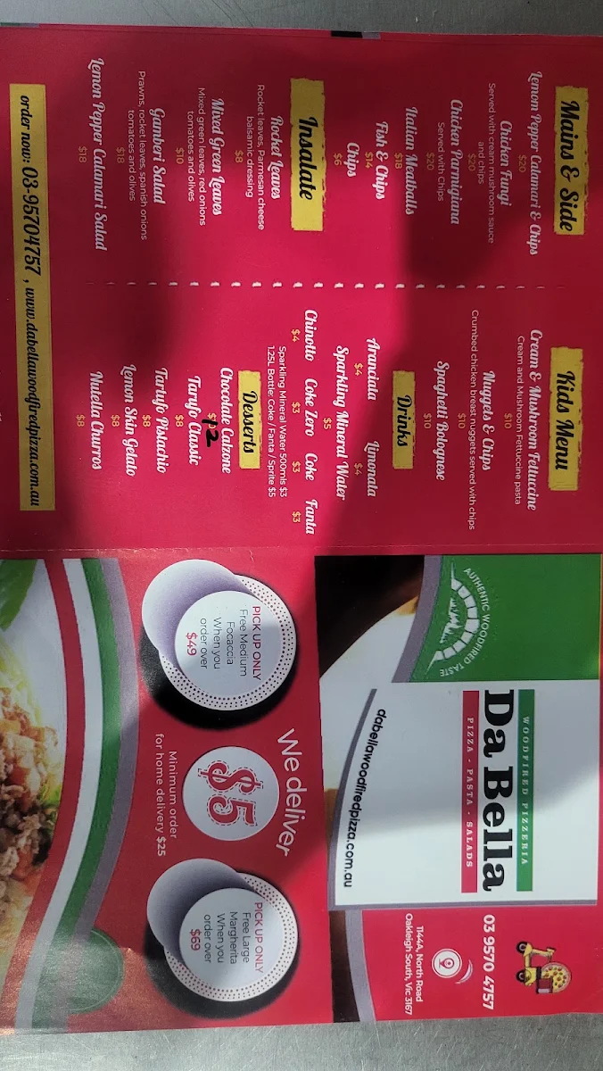 Menu, Da Bella Woodfired Pizza Oakleigh