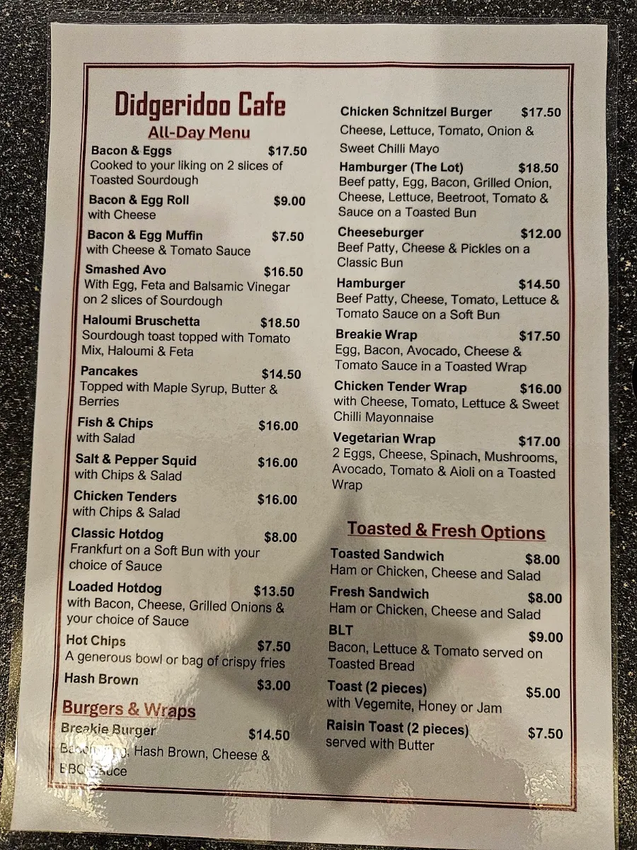 Menu, Didgeridoo cafe/Restaurant