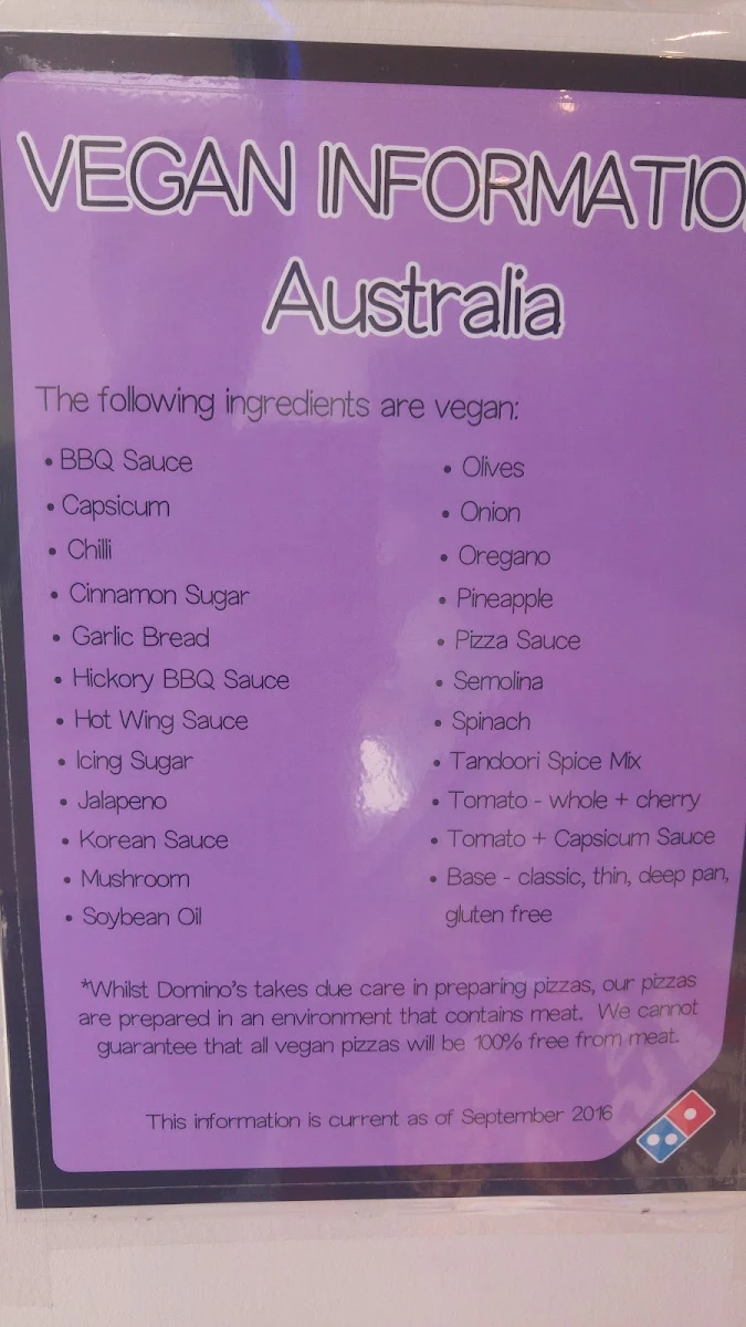 Menu, Domino's Pizza Bunbury
