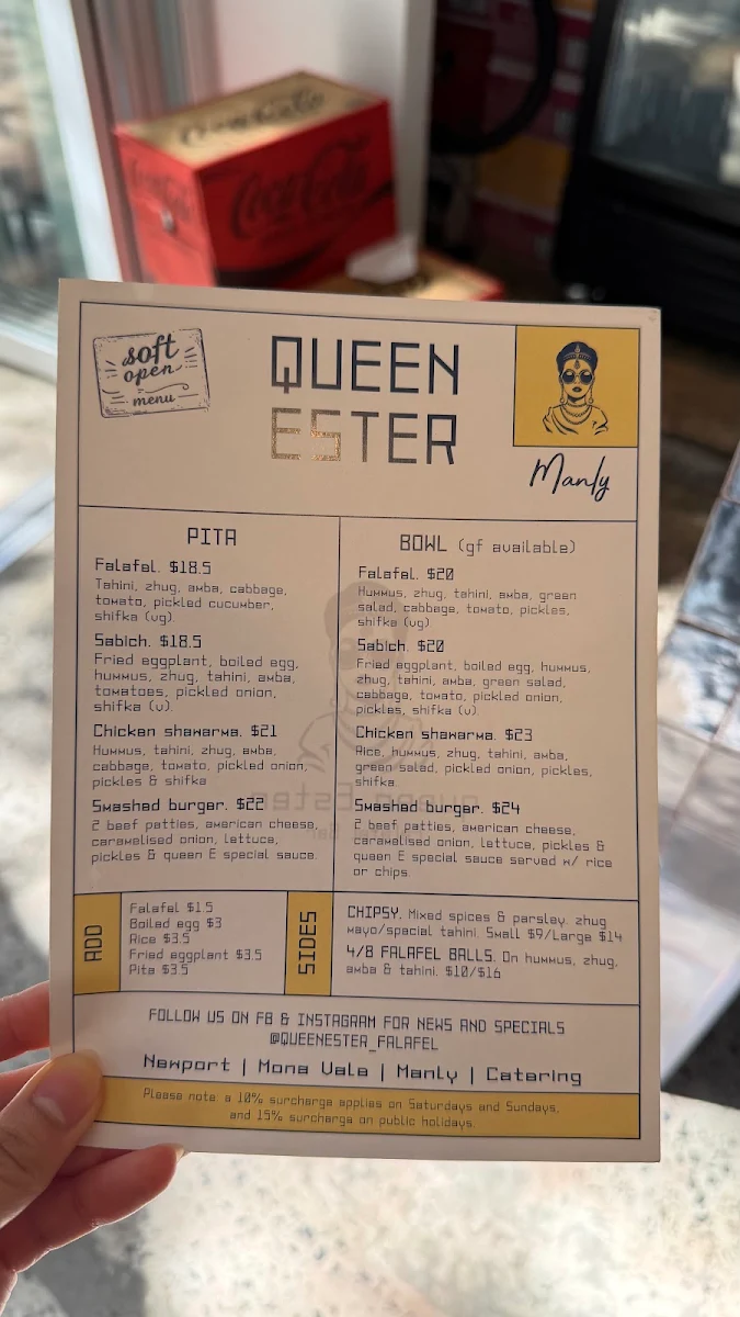 Menu, Queen Ester Falafel Bar Manly