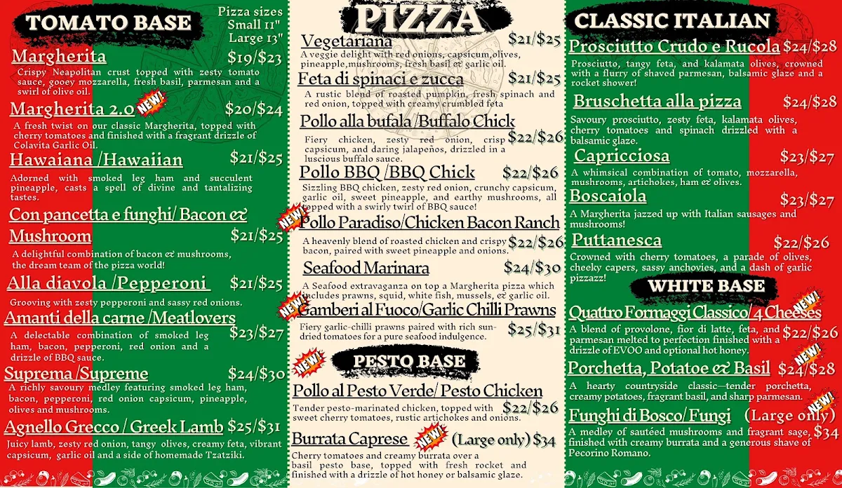 Menu, Mama Poverello's Pizzeria