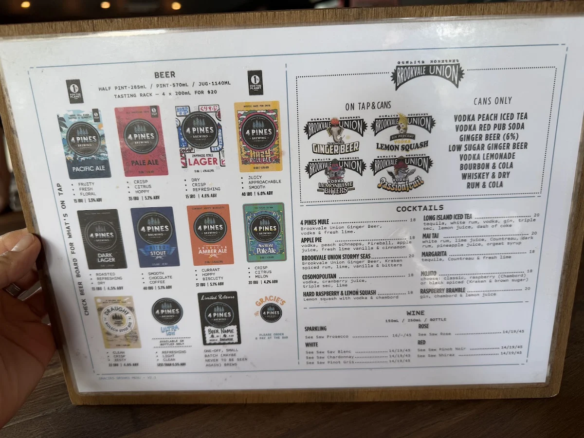 Menu, Gracie's at 4 Pines Orange