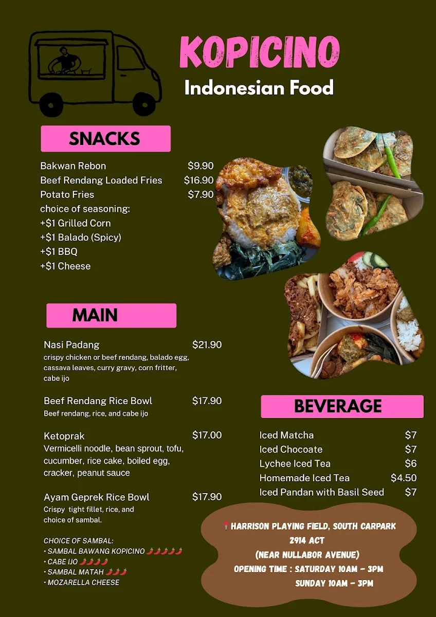 Menu, Kopicino Indonesian Food Truck