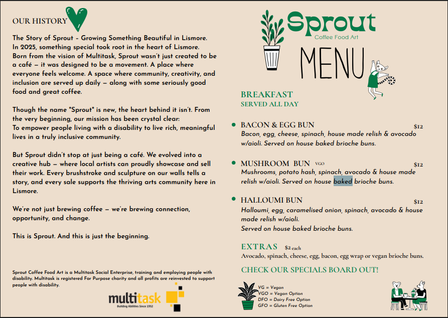 Menu, Sprout Cafe