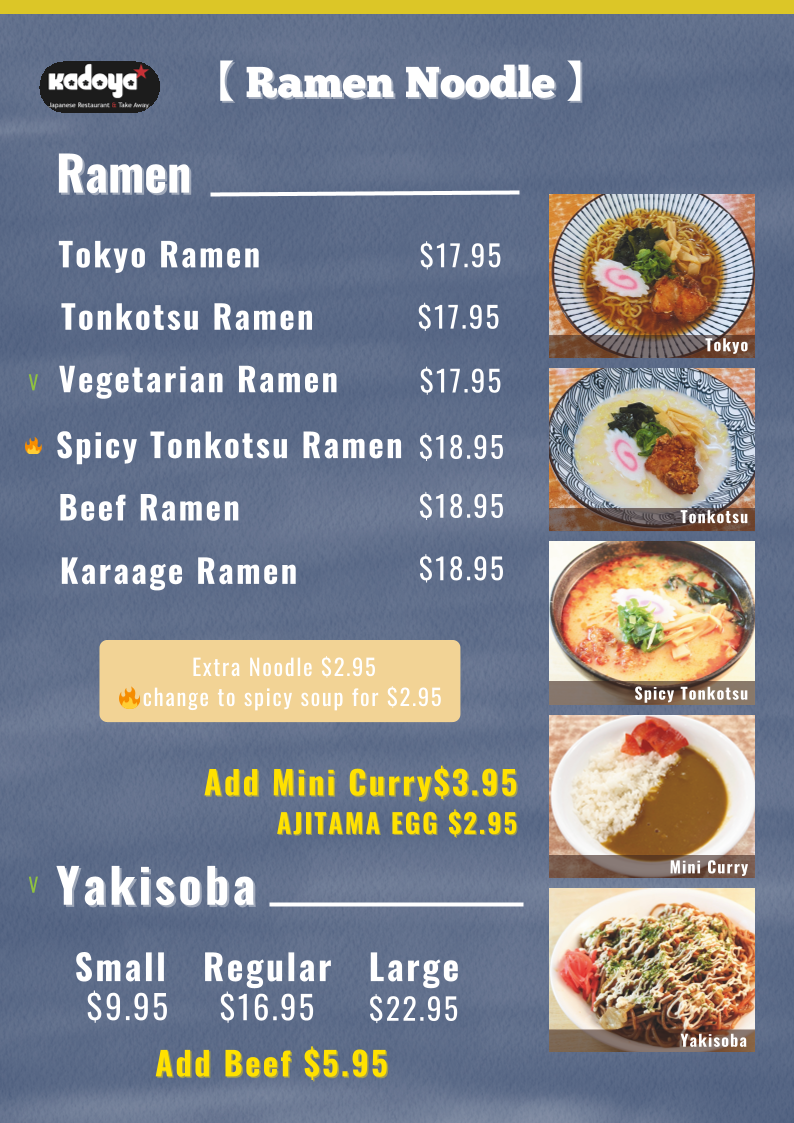 Menu, Kadoya Japanese Restaurant