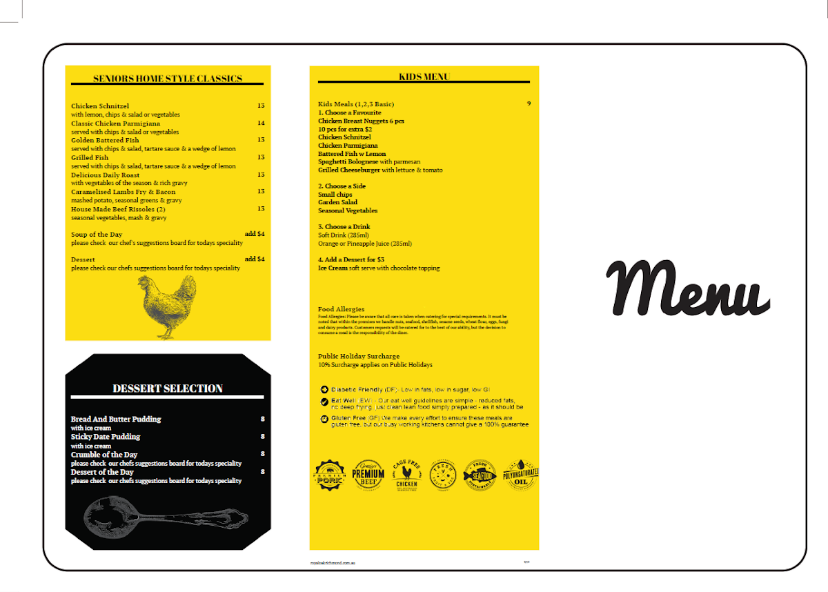 Menu, Royal Oak
