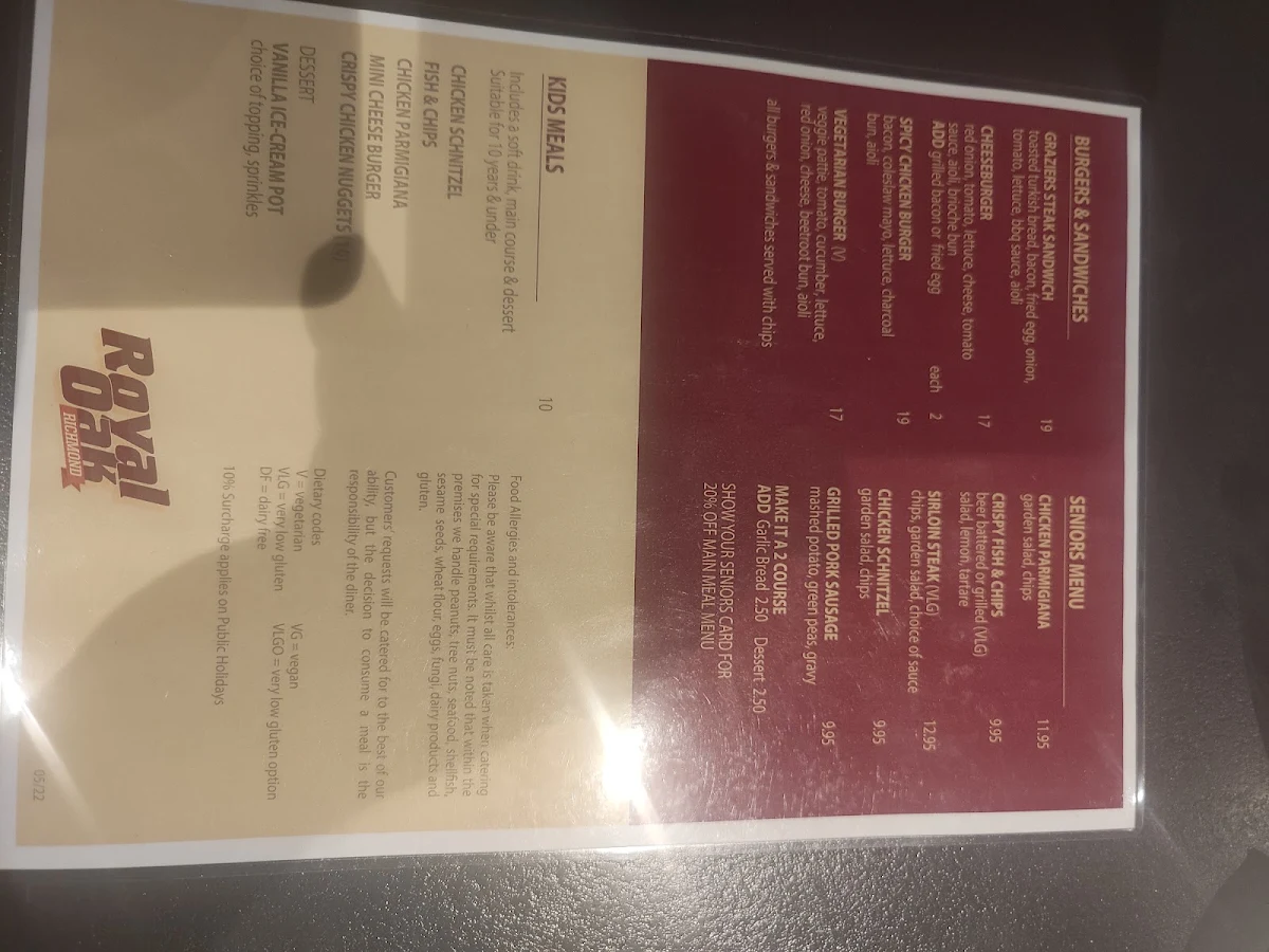 Menu, Royal Oak