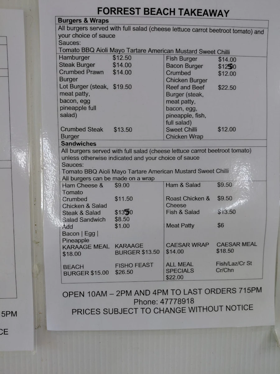 Menu, Forrest Beach Takeaway