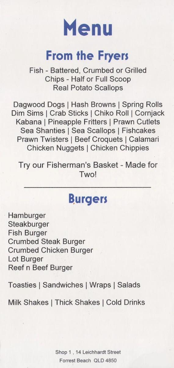 Menu, Forrest Beach Takeaway