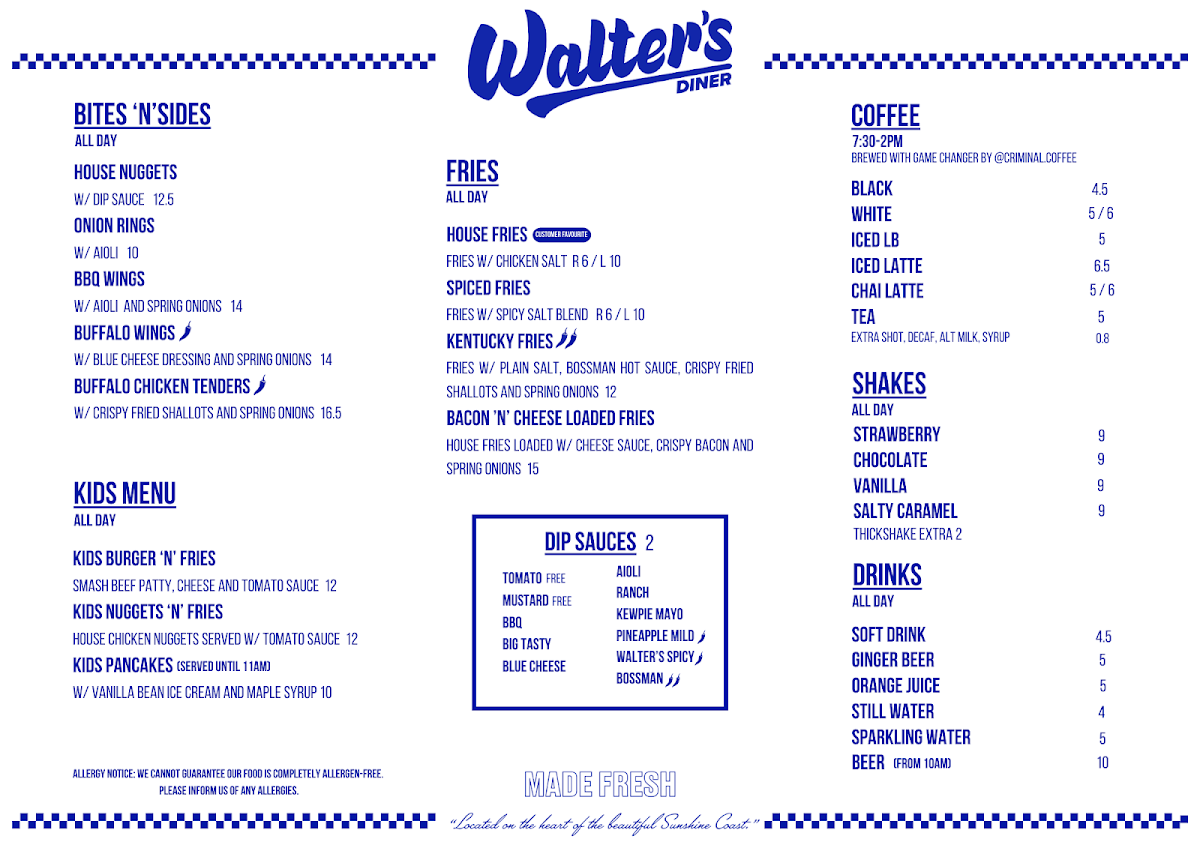 Menu, Walter's Diner