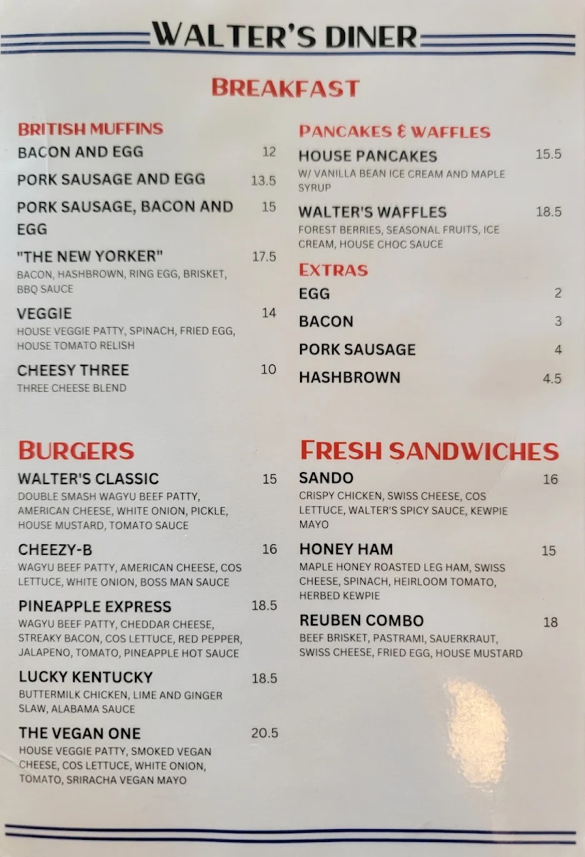 Menu, Walter's Diner