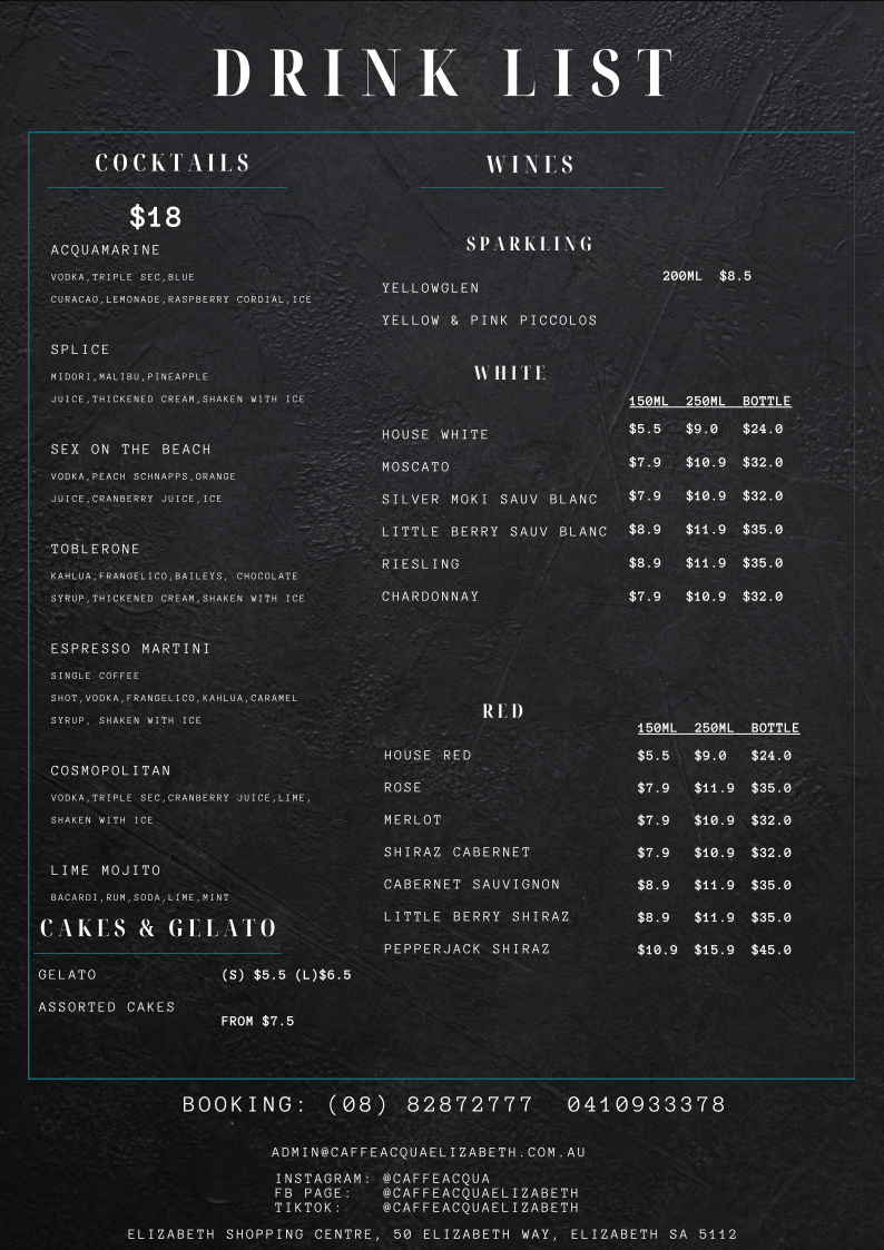 Menu, Caffe Acqua