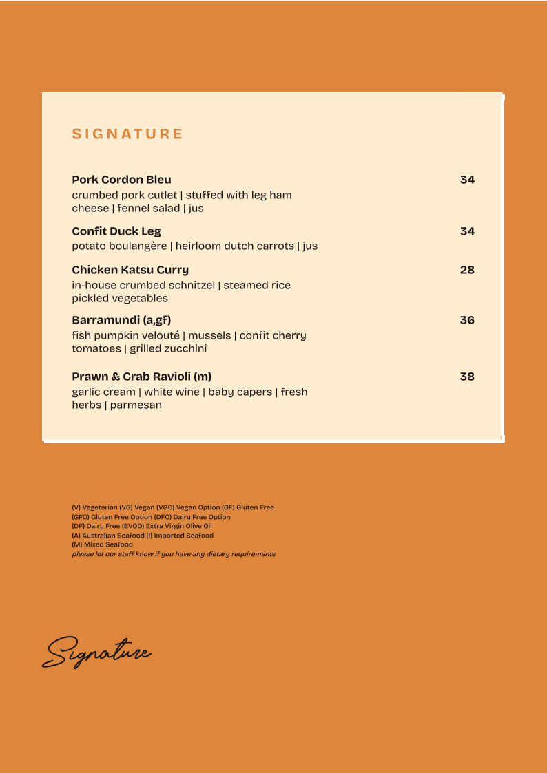 Menu, Pottsville Tavern