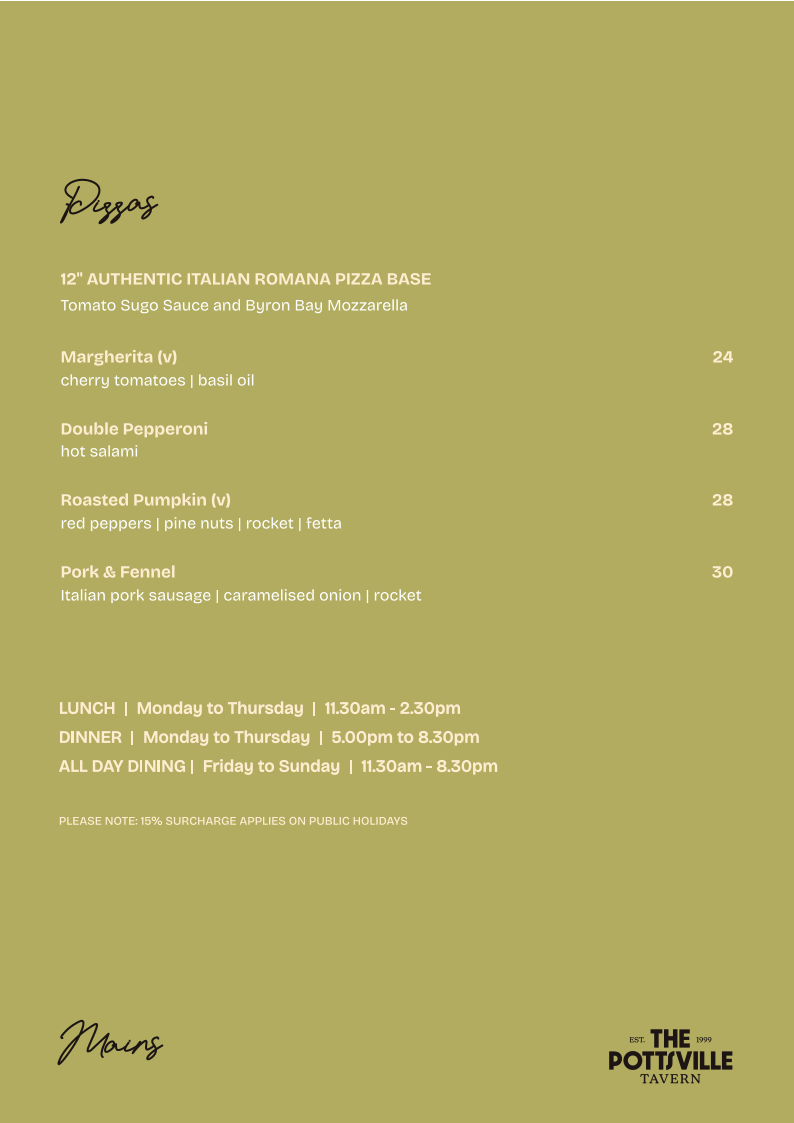 Menu, Pottsville Tavern