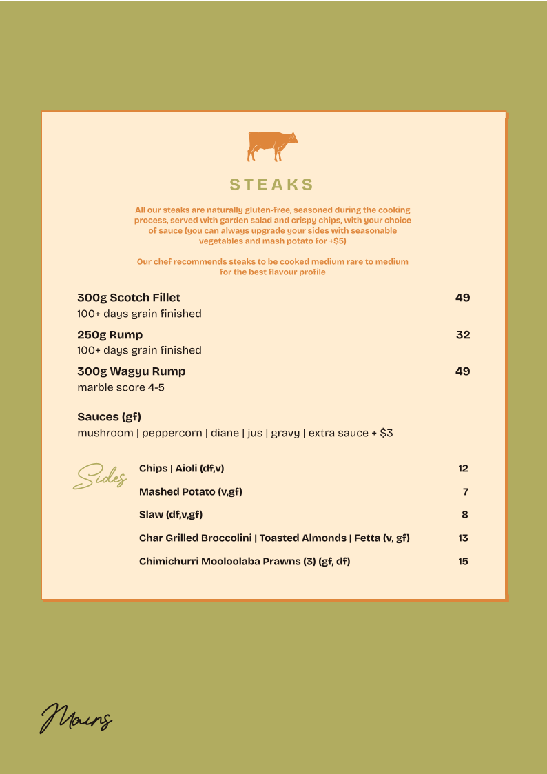 Menu, Pottsville Tavern