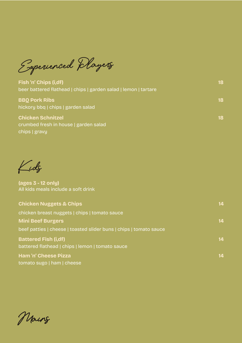 Menu, Pottsville Tavern