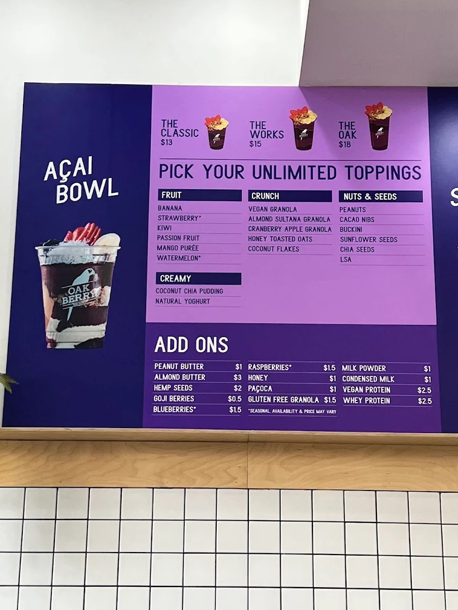 Menu, Oakberry Acai Coolangatta