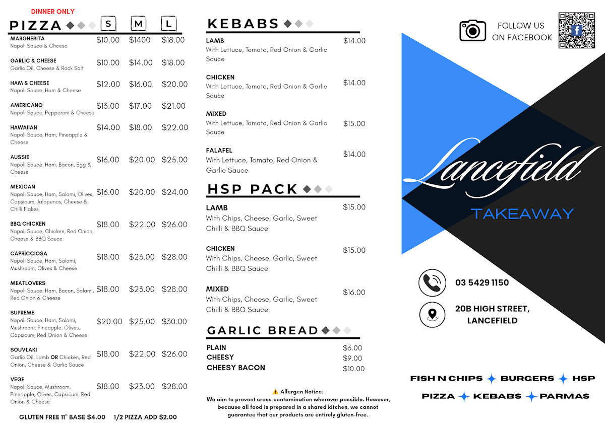 Menu, Lancefield Takeaway - The Town Fryer