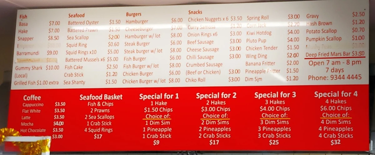 Menu, Balga Fish & Chips Cafe