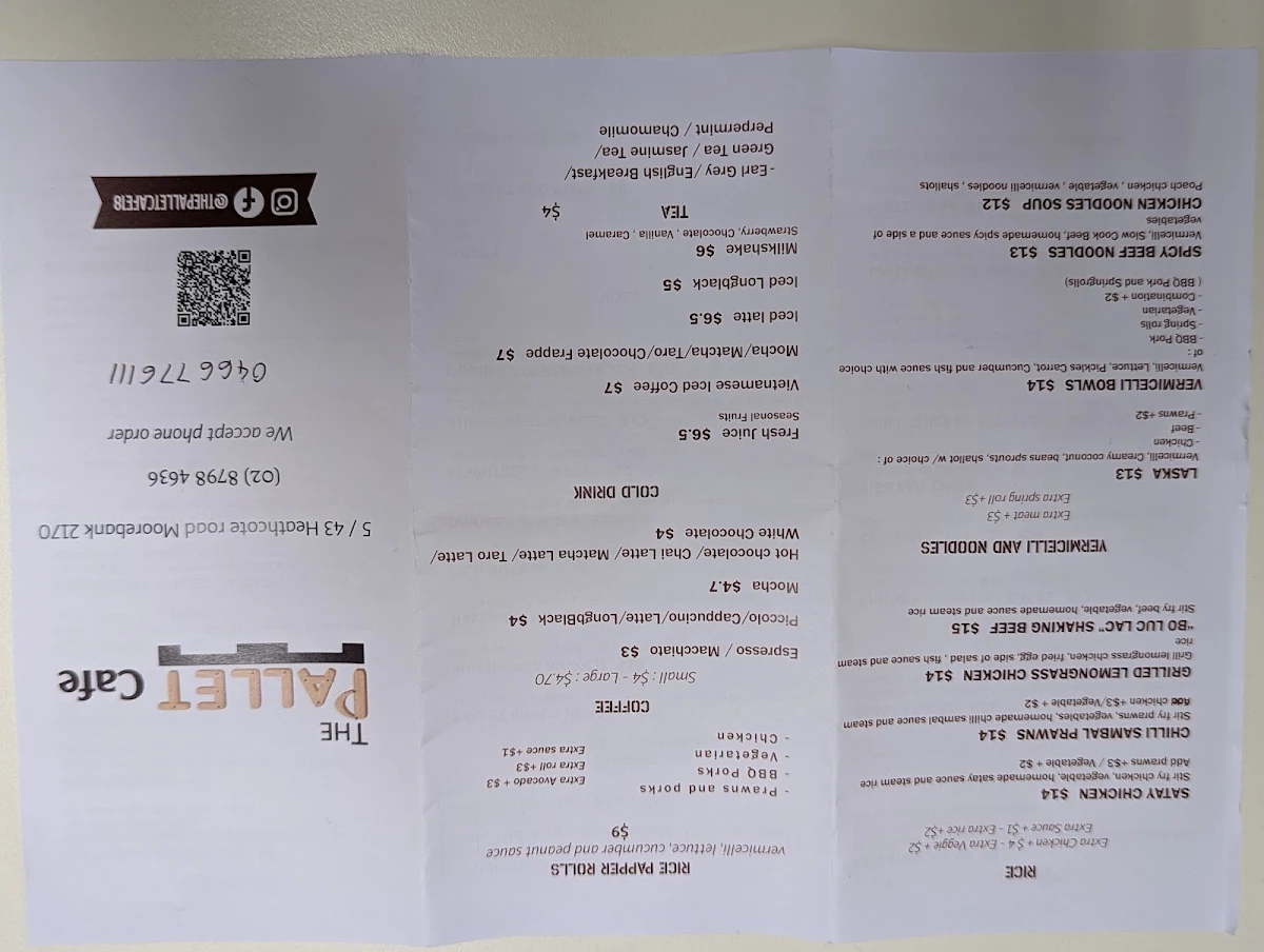 Menu, The Pallet Cafe