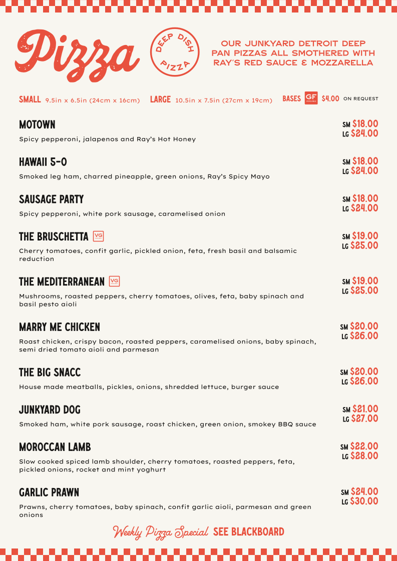 Menu, Ray's Pizza Joint