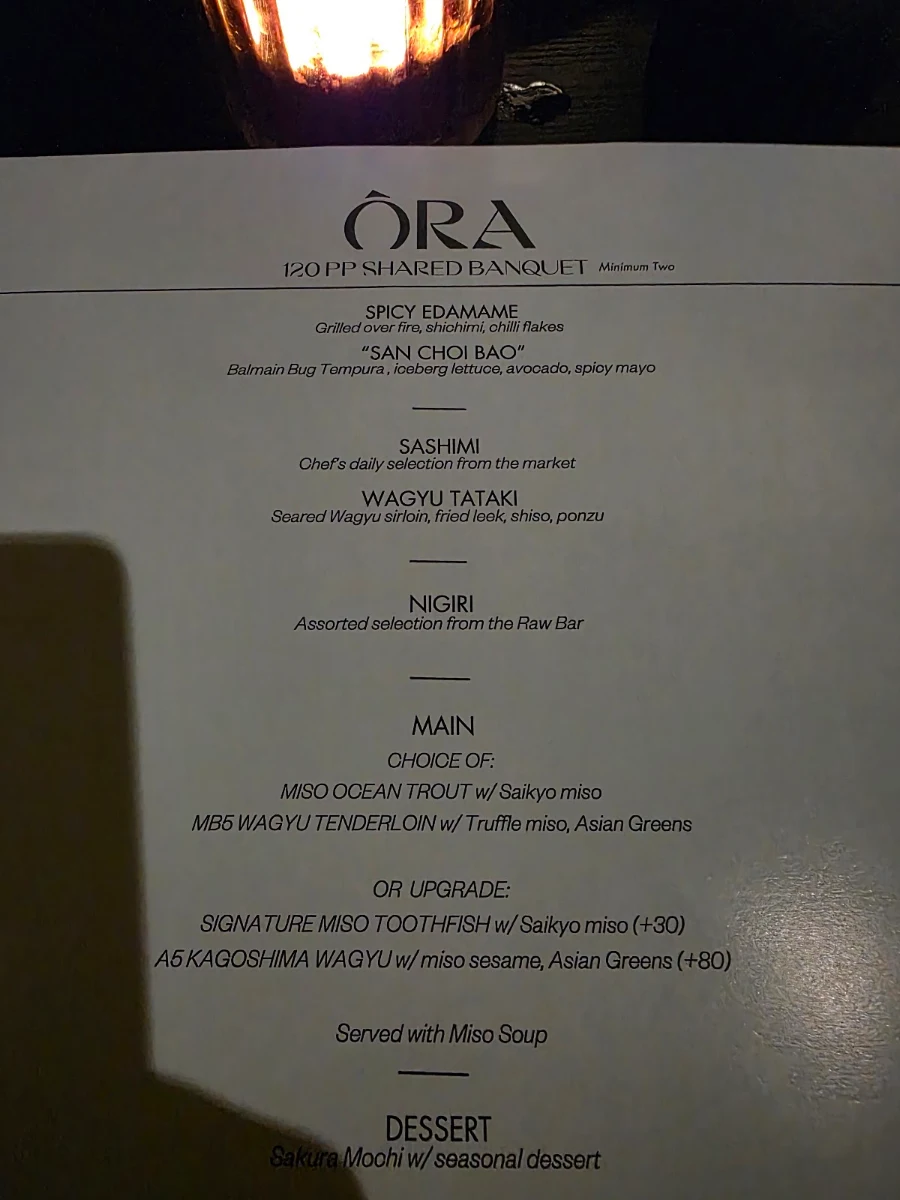 Menu, Ora Restaurant