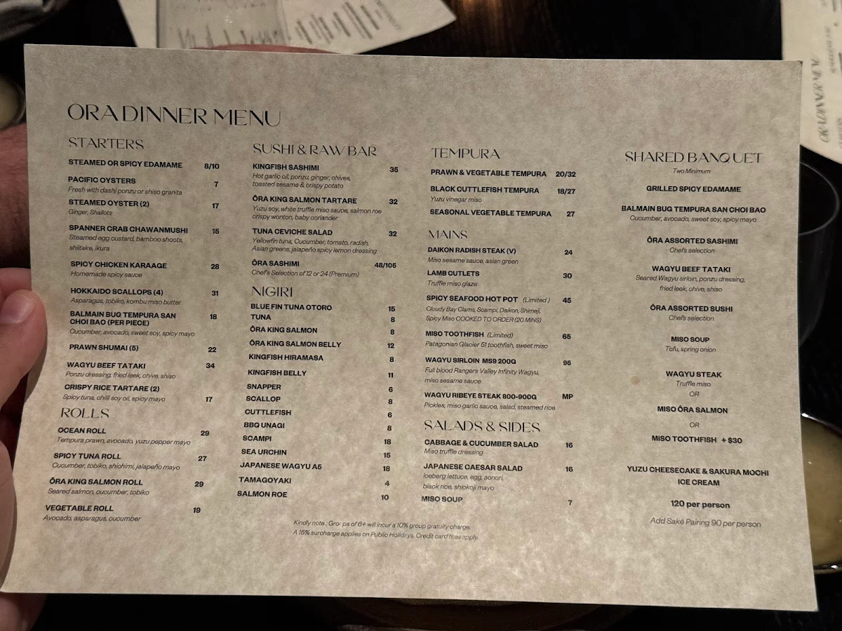 Menu, Ora Restaurant