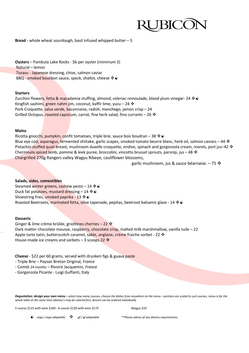Menu, Rubicon Restaurant