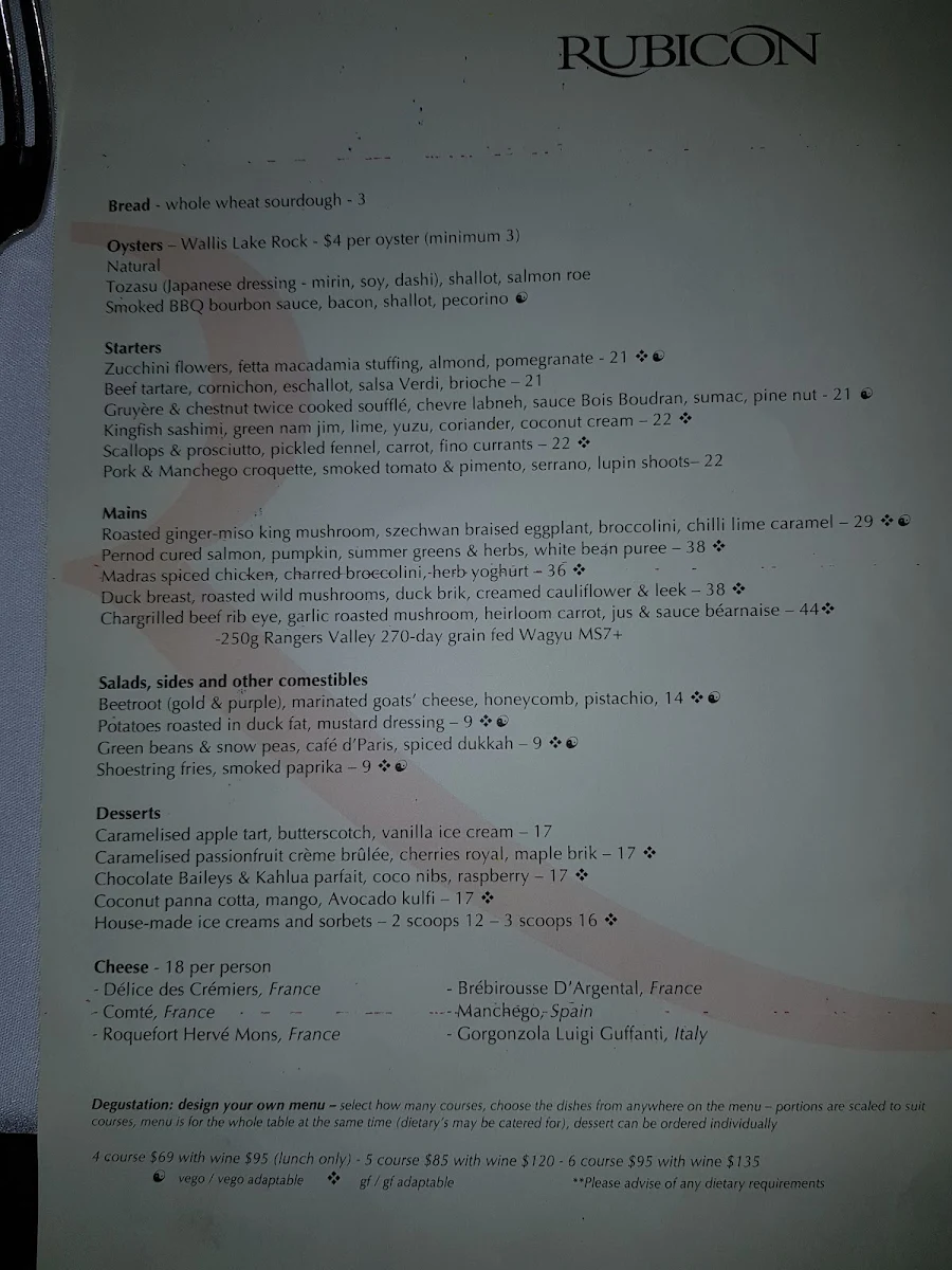 Menu, Rubicon Restaurant