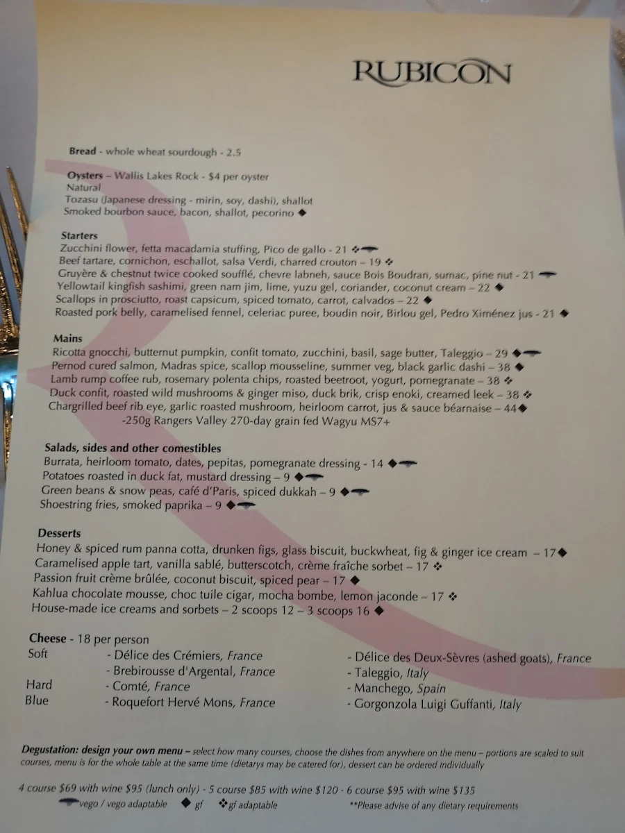 Menu, Rubicon Restaurant