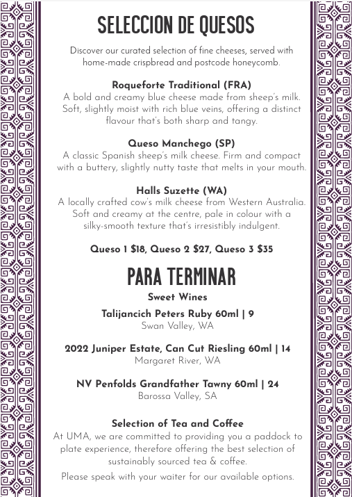 Menu, UMA Restaurant