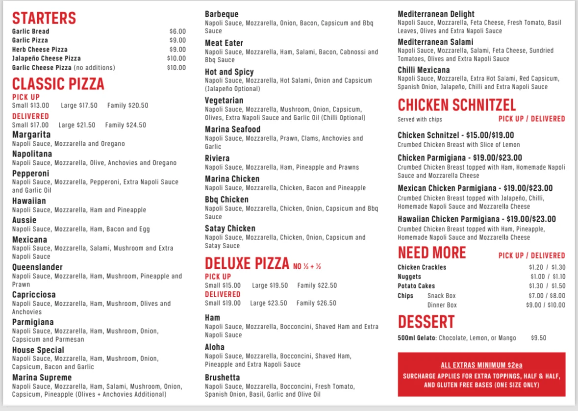 Menu, Marina Pizza Mildura