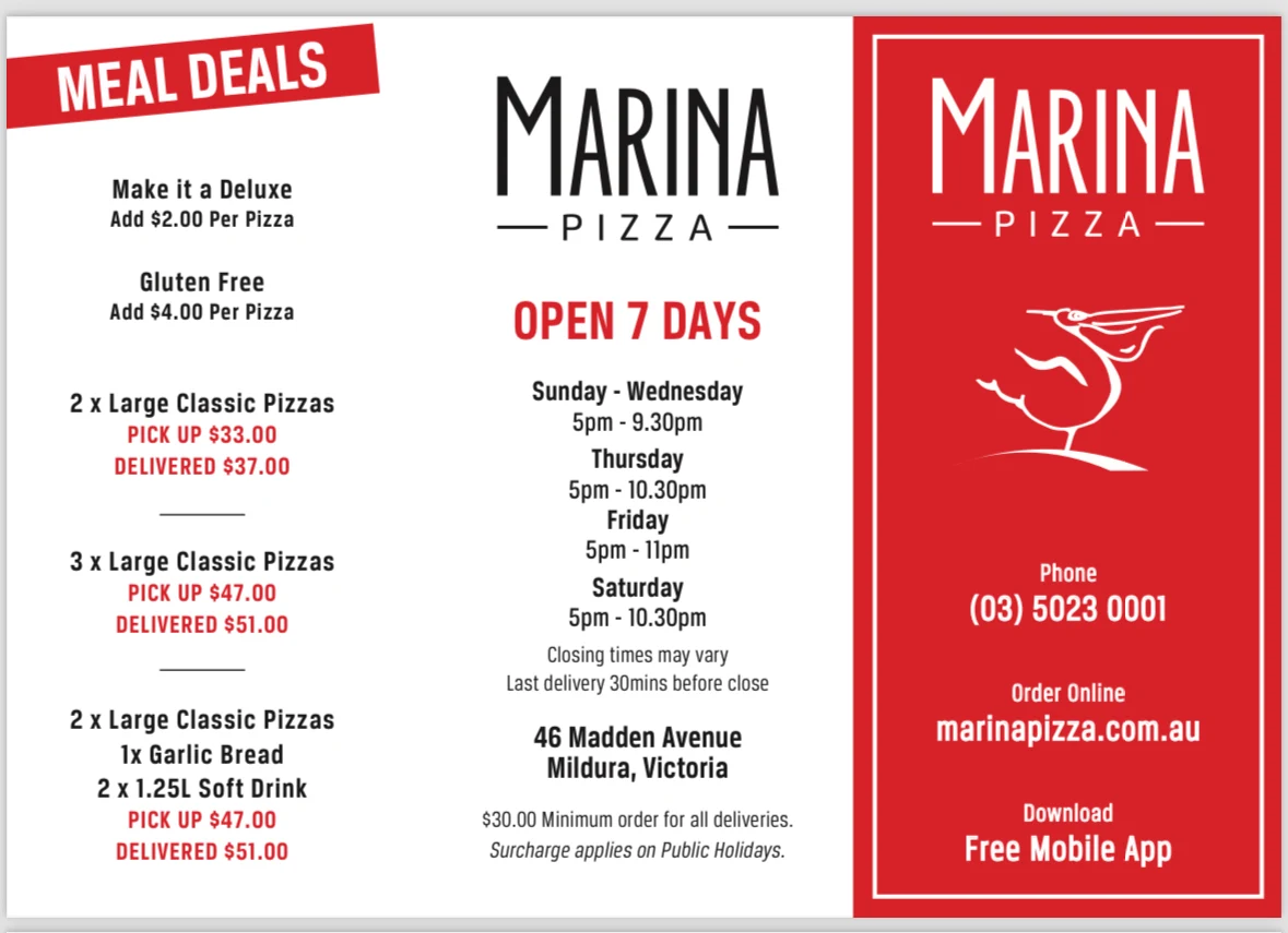 Menu, Marina Pizza Mildura