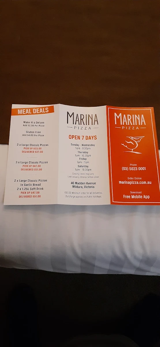 Menu, Marina Pizza Mildura