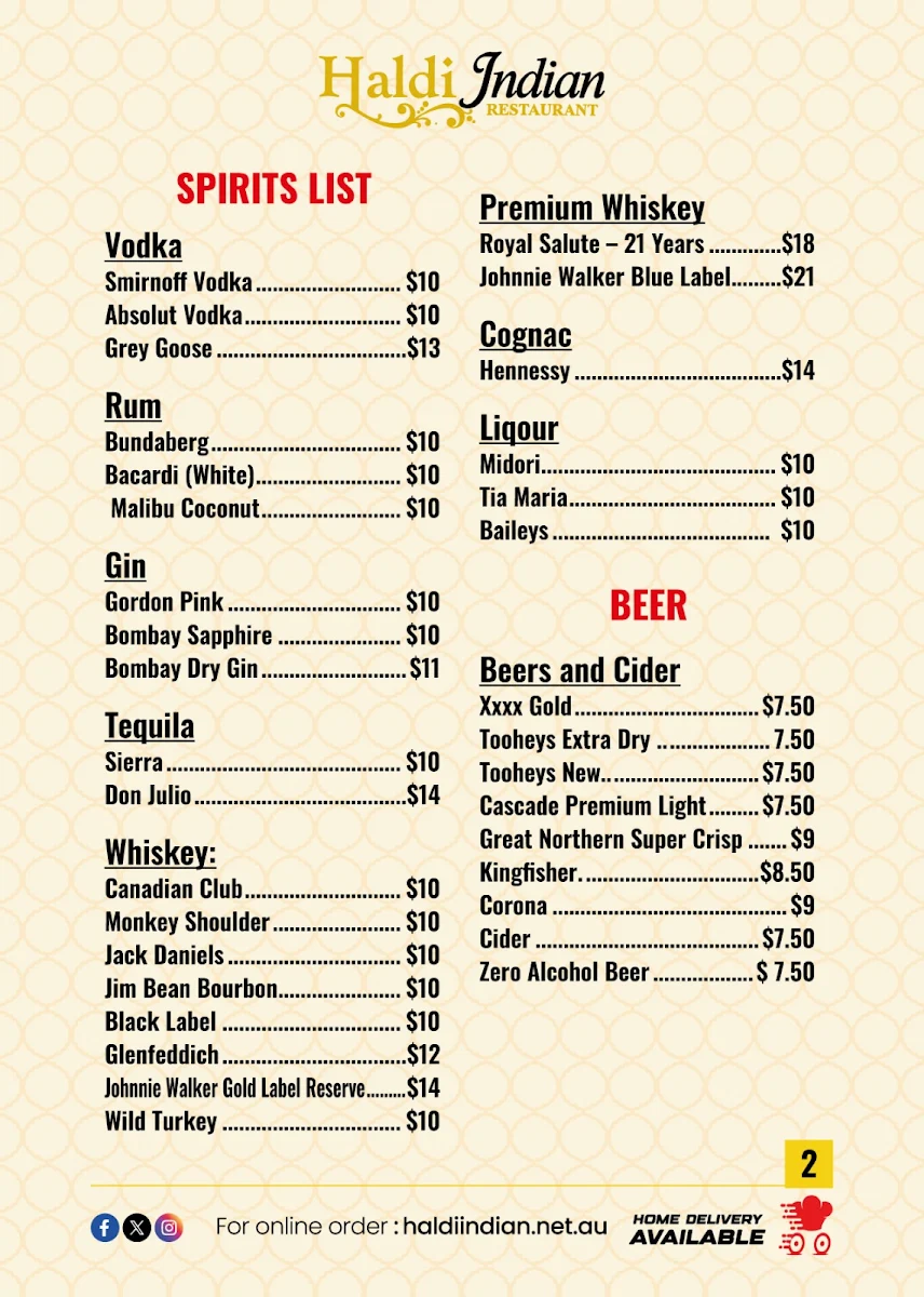 Menu, Haldi Indian Restaurant