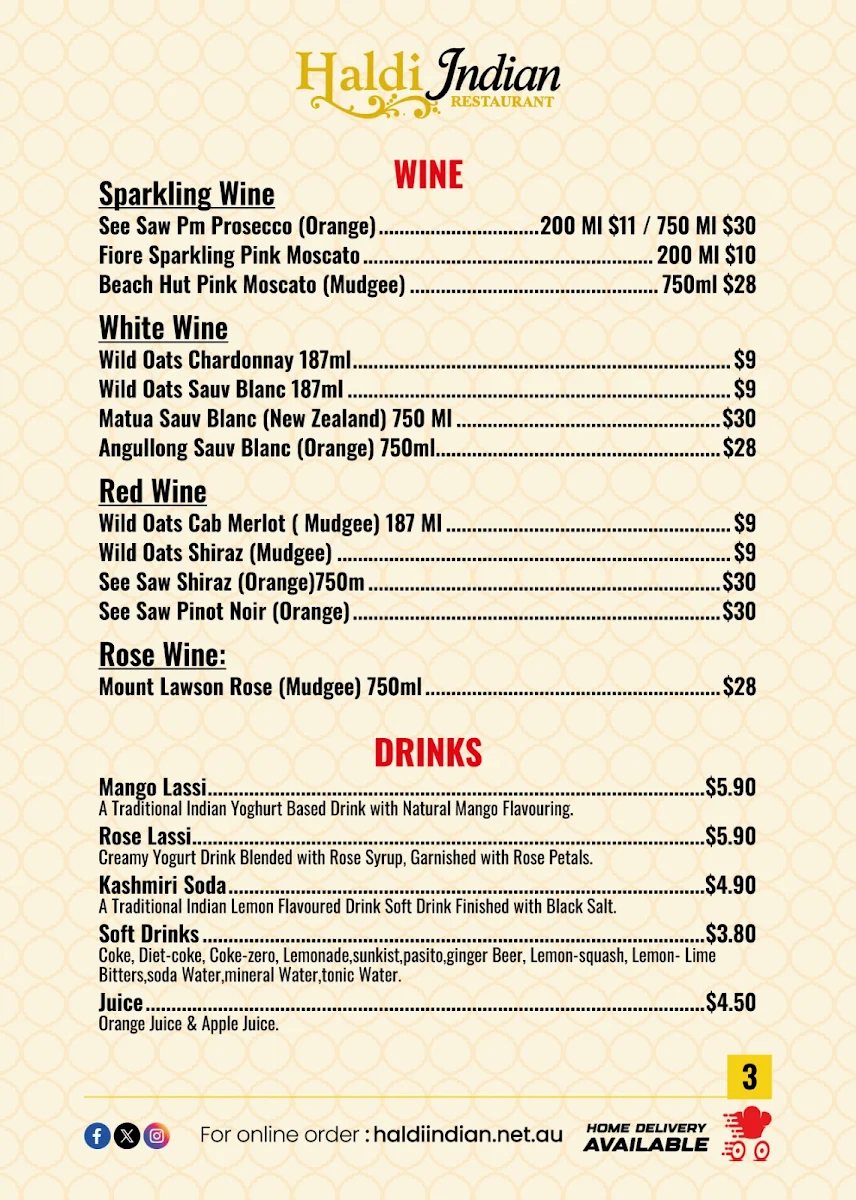 Menu, Haldi Indian Restaurant