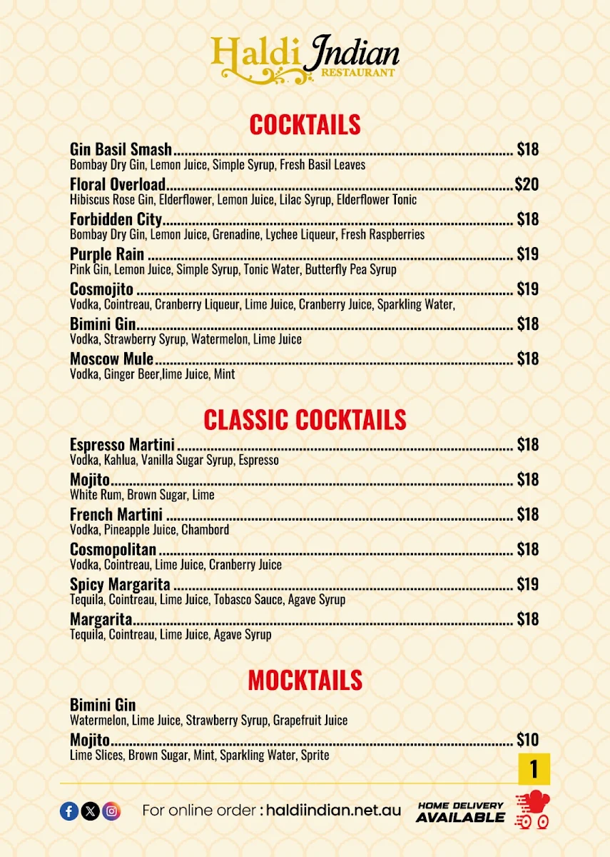 Menu, Haldi Indian Restaurant