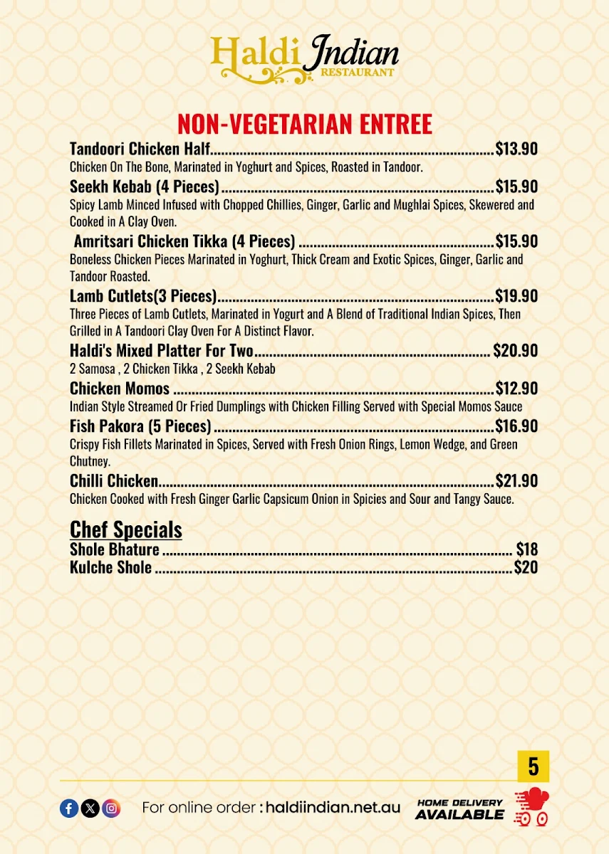 Menu, Haldi Indian Restaurant