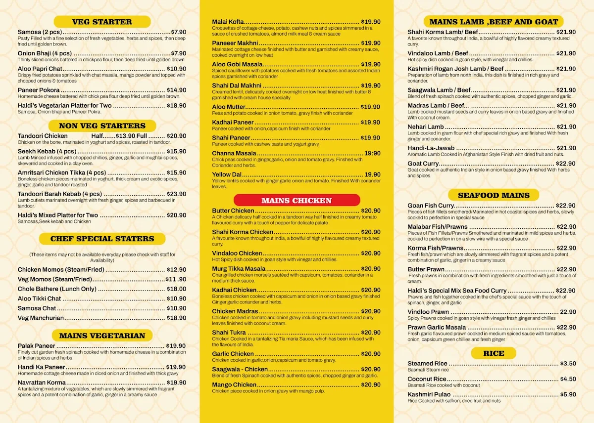 Menu, Haldi Indian Restaurant