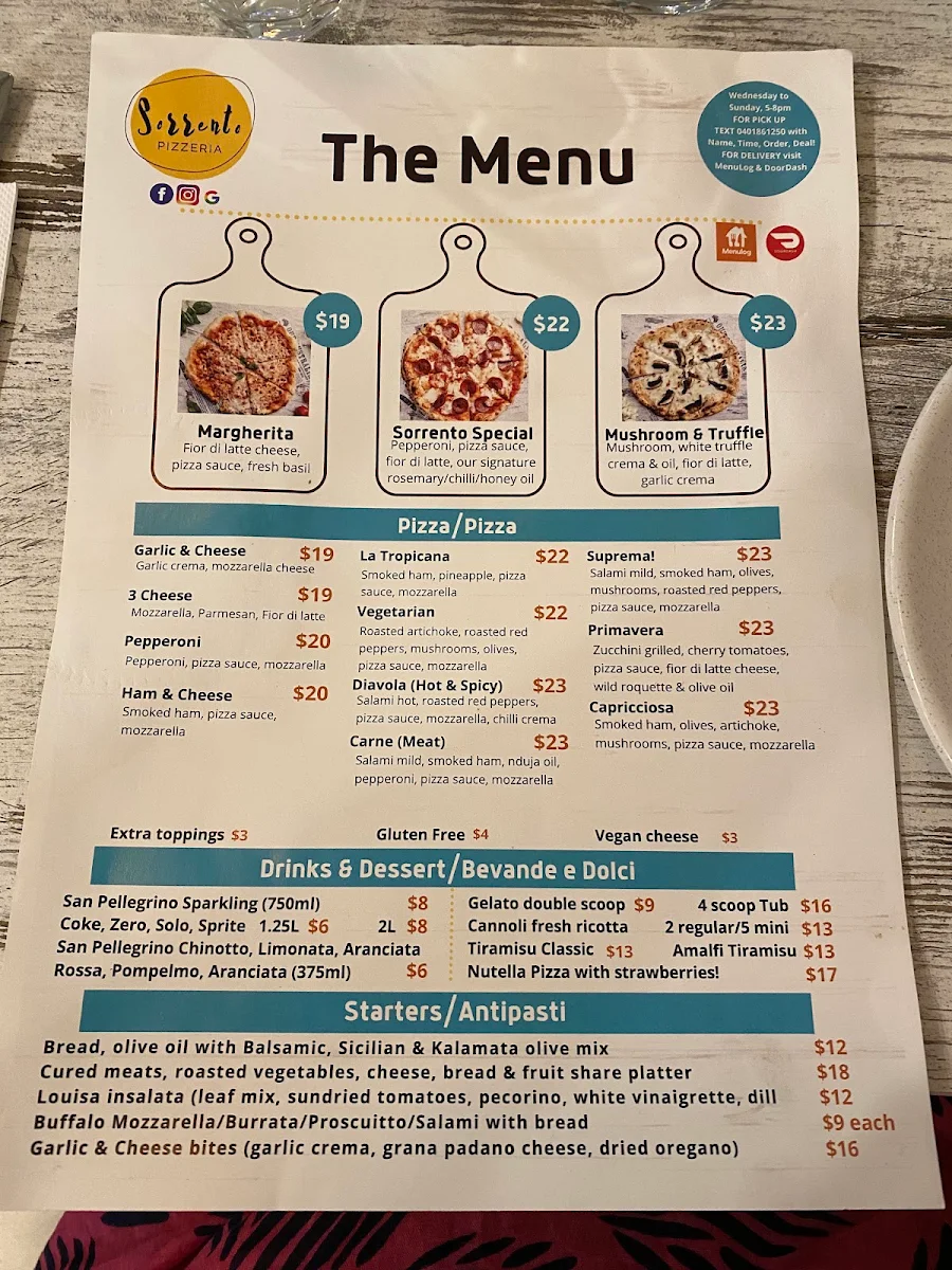 Menu, Sorrento Pizzeria Empire Bay