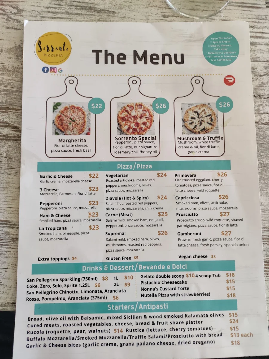 Menu, Sorrento Pizzeria Empire Bay
